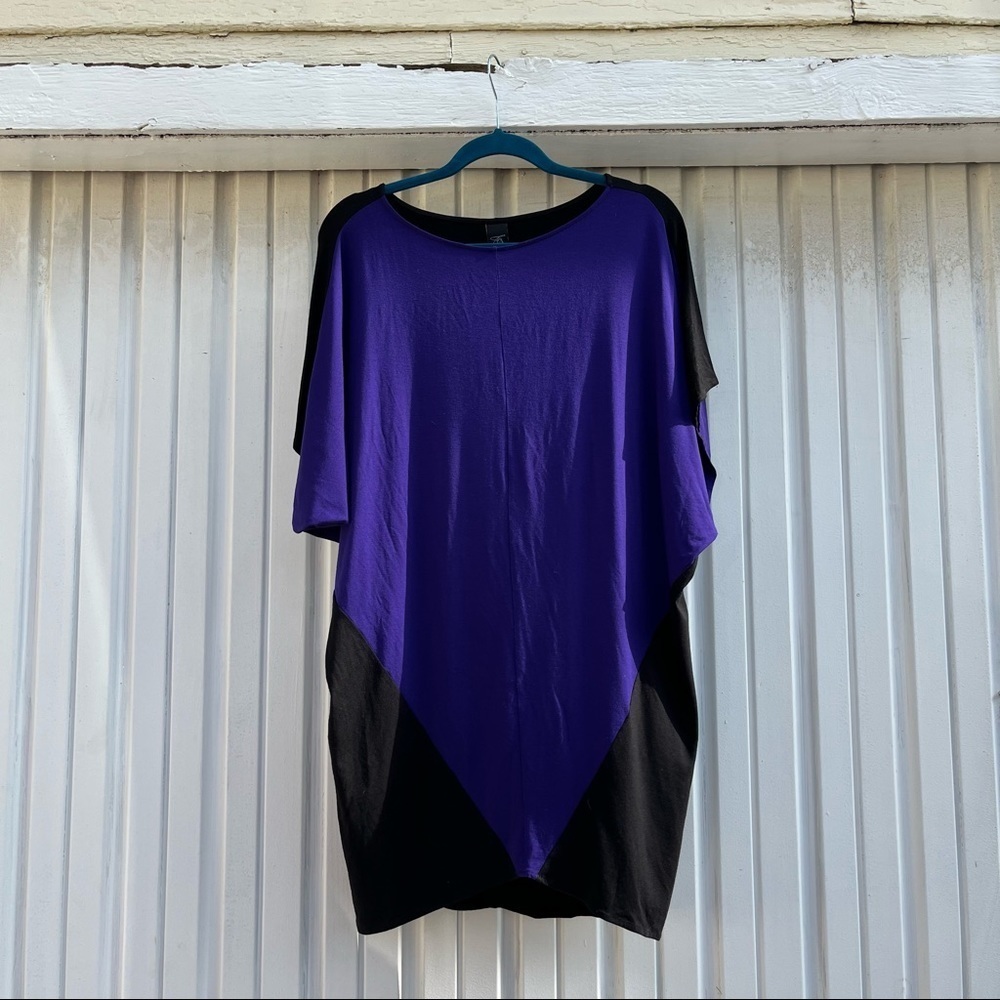 Zero + Maria Cornejo black purple colorblock draped short sleeve mini‎ dress